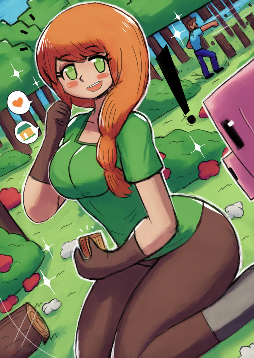 !, 1boy, 1girl, absurdres, alex_(minecraft), animal, beard, block_(object)