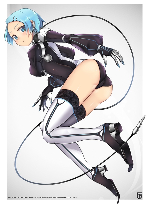 1girl, aqua_hair, ass, blue_eyes, bodysuit, boots, breasts, cable