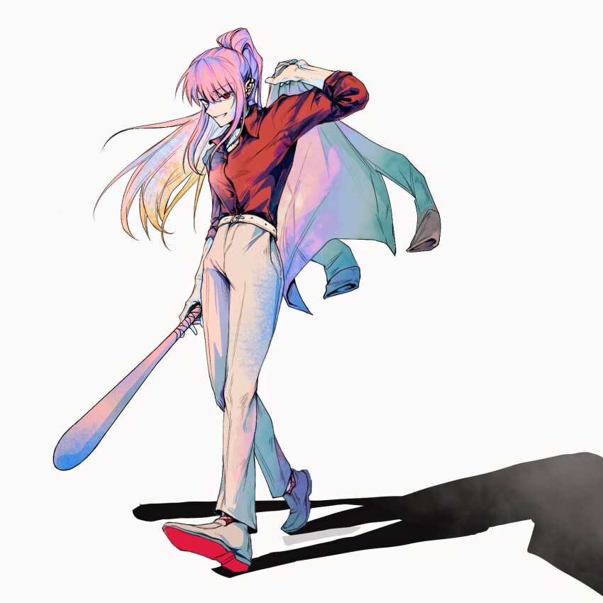 1girl, alternate_costume, baseball_bat, highres, holding, holding_baseball_bat, holding_jacket, holding_unworn_clothes
