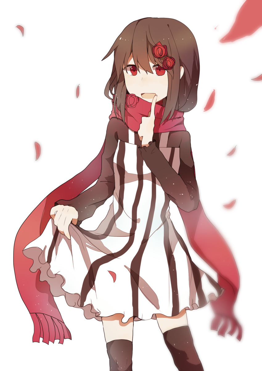 1girl, ajirui, clothes_lift, dress, finger_to_mouth, finger_to_own_mouth, highres, kagerou_project