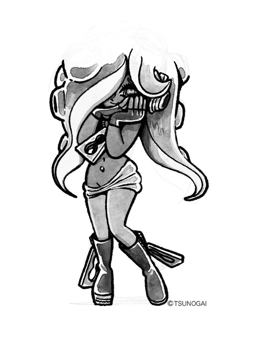 1girl, anime_coloring, ankle_boots, arm_at_side, artist_name, bare_arms, bare_shoulders, black_boots