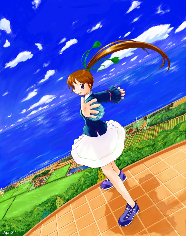 1girl, 2000s_(style), blue_eyes, blue_sky, brown_hair, chiba_prefecture, cloud, cloudy_sky