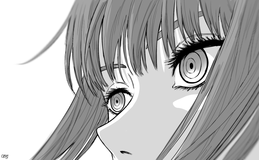 1girl, chainsaw_man, close-up, commentary, eyebrows_hidden_by_hair, eyelashes, gitokuja, greyscale