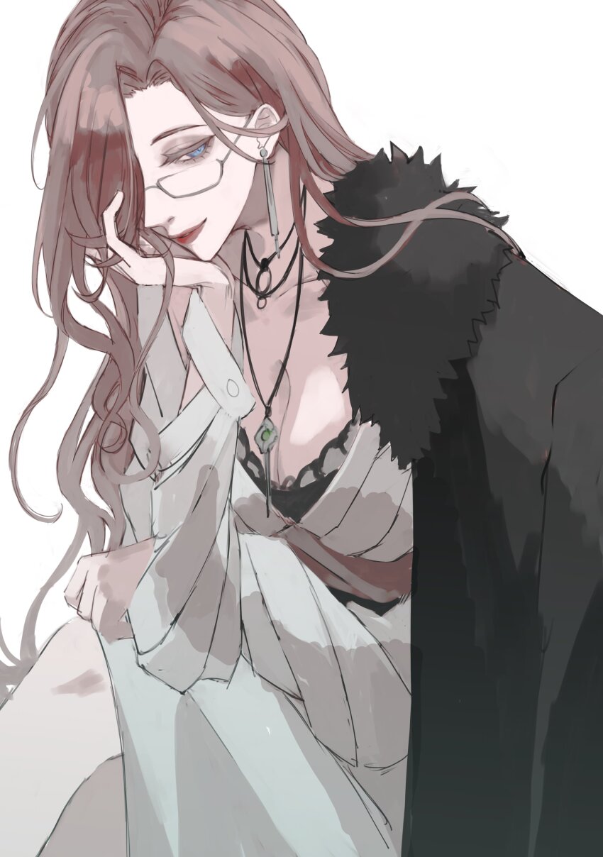 1girl, absurdres, black_cape, blonde_hair, blue_eyes, breasts, cape, chameleon_(path_to_nowhere), cleavage, commentary, crossed_legs, curly_hair, dress, earrings, forehead, fur-trimmed_cape, fur_trim, glasses, hair_behind_ear, highres, jewelry, large_breasts, leaning_forward, long_hair, multiple_necklaces, naruse_chika, necklace, one_eye_covered, parted_lips, path_to_nowhere, semi-rimless_eyewear, simple_background, sitting, smile, solo, upper_body, white_background, white_dress