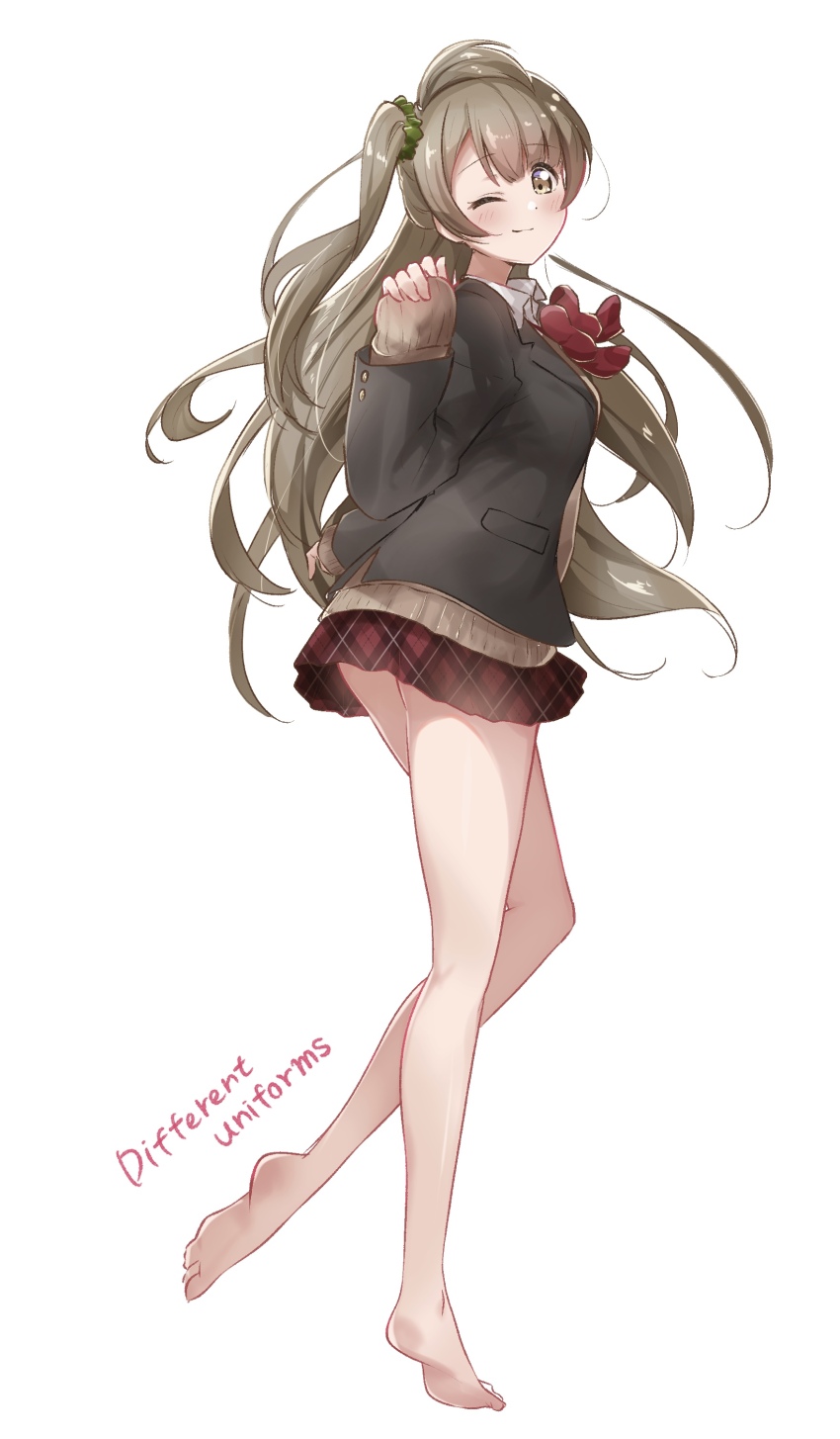 1girl, ;), absurdres, alternate_costume, barefoot, black_jacket, blazer, blush, bow, bowtie, breasts, brown_eyes, brown_hair, brown_sweater, closed_mouth, collared_shirt, commentary, english_text, full_body, highres, jacket, kiryu_(sora_no_iroto), leg_up, long_hair, long_sleeves, looking_at_viewer, love_live!, love_live!_school_idol_project, medium_breasts, minami_kotori, miniskirt, one_eye_closed, one_side_up, plaid_clothes, plaid_skirt, red_bow, red_bowtie, red_skirt, school_uniform, shirt, simple_background, skirt, sleeves_past_wrists, smile, soles, solo, split_mouth, standing, sweater, toes, underbutt, very_long_hair, white_background, white_shirt