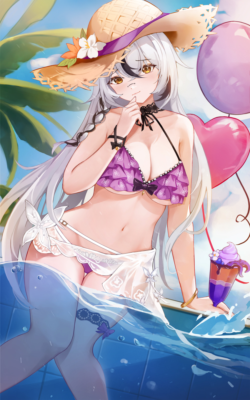 1girl, absurdres, arm_support, bad_food, baige_chen, balloon, bare_shoulders, barefoot