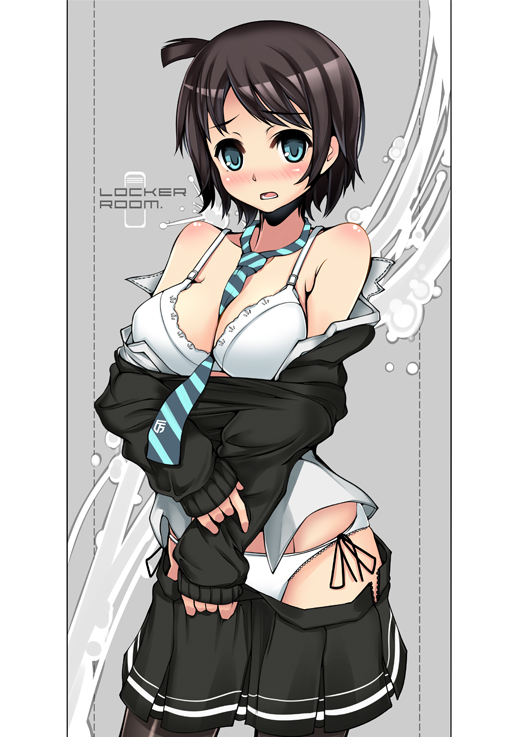 1girl, aqua_eyes, bad_id, bad_pixiv_id, black_thighhighs, blush, bra, breasts