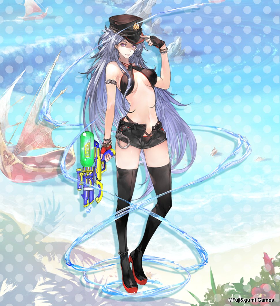 1girl, bikini, bikini_bottom_under_shorts, bikini_under_clothes, black_bikini, black_boots, black_gloves, black_hat