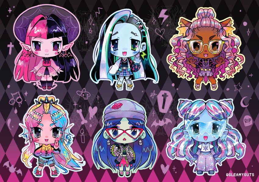 1other, 2000s_(style), 5girls, :3, :d, abbey_bominable, animal_ear_fluff, animal_ear_piercing, animal_ears, aqua_hair, aqua_skin, artist_name, bat_wings, beanie, belt, belt_buckle, black_bow, black_bowtie, black_hair, black_hat, black_jacket, black_shirt, black_socks, black_vest, blonde_hair, blue-tinted_eyewear, blue_eyes, blue_hair, blue_shorts, blue_skin, blue_skirt, blunt_bangs, blush, bow, bowtie, brain, buckle, chibi, chibi_only, choker, claw_pose, clawdeen_wolf, claws, collared_shirt, colored_skin, commentary, cone_hair_bun, crown, dark-skinned_female, dark_skin, denim, denim_shorts, double_bun, dress, dripping_skirt, earrings, english_commentary, english_text, eyebrow_piercing, face_piercing, fang, fangs, fanny_pack, fins, fish_girl, fish_skeleton, frankie_stein, full_body, fur-trimmed_sleeves, fur_trim, gem, ghoulia_yelps, glasses, gleamyguts, gold_belt, goth_fashion, green_eyes, grey_eyes, grey_hat, grey_socks, hair_bun, hair_ornament, hairstyle_request, hat, head_fins, heart, heart_earrings, heterochromia, high_ponytail, highres, hood, hood_down, hoodie, ice, jacket, jewelry, jitome, kneehighs, lagoona_blue, layered_sleeves, lightning_bolt, lightning_bolt_hair_ornament, lightning_bolt_print, lightning_bolt_symbol, long_hair, long_sidelocks, long_sleeves, looking_at_viewer, midriff, monster_girl, monster_high, monster_high_(g3), multicolored_hair, multicolored_hoodie, multicolored_jacket, multiple_girls, open_clothes, open_jacket, open_mouth, outline, overalls, pants, patterned_background, pearl_(gemstone), piercing, pink_dress, pink_eyes, pink_hair, pink_sandals, pink_shoes, pink_skin, pink_skirt, pleated_skirt, pointed_crown, pointy_ears, ponytail, print_hat, print_jacket, print_pants, print_shirt, purple_footwear, purple_overalls, purple_pants, red-tinted_eyewear, safety_glasses, sandals, shirt, shoes, short_sleeves, shorts, sidelocks, single_hair_bun, single_sock, skin_fang, skin_fangs, skirt, smile, sneakers, snowflake_print, socks, spider_web_print, split-color_hair, standing, stitches, streaked_hair, striped_clothes, striped_socks, sun_hat, sunglasses, t-shirt, tail, tinted_eyewear, tombstone, two-tone_hair, v, v-shaped_eyebrows, vertical-striped_clothes, vertical-striped_socks, very_long_hair, vest, wavy_hair, werewolf, white_footwear, white_hair, white_shirt, winged_footwear, wings, wolf_ears, wolf_girl, wolf_tail, yellow-framed_eyewear, yellow_eyes, yellow_shoes