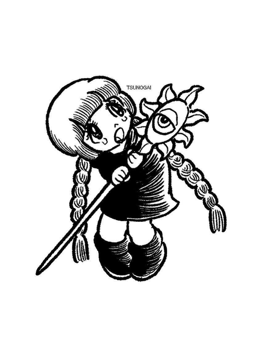 1girl, artist_name, black_footwear, black_outline, black_robe, blunt_bangs, blunt_sidelocks, braid