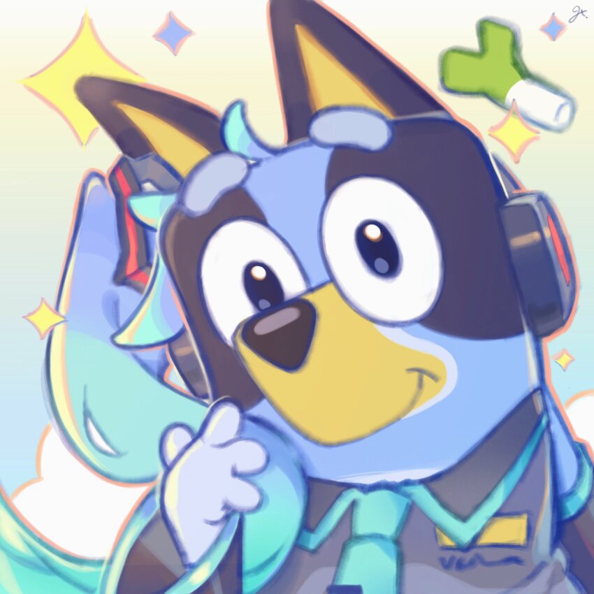 1girl, aqua_hair, bluey, bluey_heeler, cloud, cloudy_sky, cosplay, earphones