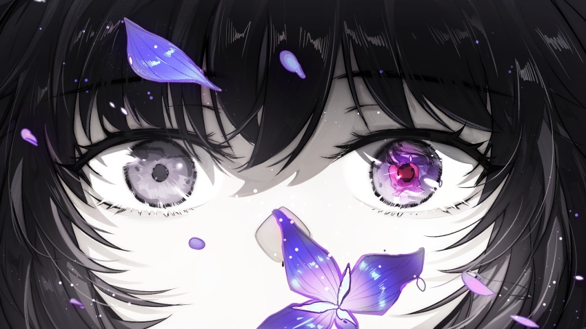 1girl, ash_echoes, character_request, check_copyright, check_gender, chinese_commentary, close-up, commentary_request, copyright_request, eye_focus, flower, gender_request, highres, laikouguantou, limited_palette, looking_at_viewer, petals, purple_eyes, purple_flower, purple_hair, purple_petals, solo, spot_color, straight-on