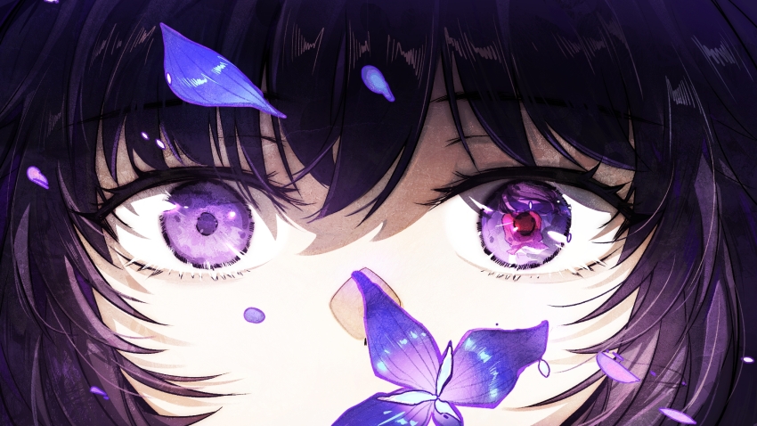 1girl, ash_echoes, character_request, check_copyright, check_gender, chinese_commentary, close-up, commentary_request, copyright_request, eye_focus, flower, gender_request, highres, laikouguantou, looking_at_viewer, petals, purple_eyes, purple_flower, purple_hair, purple_petals, solo, straight-on