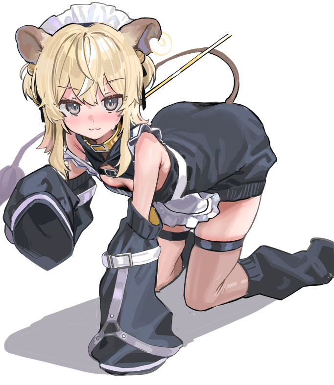 1girl, animal_ears, blonde_hair, blush, breasts, brown_eyes, brown_thighhighs, closed_mouth