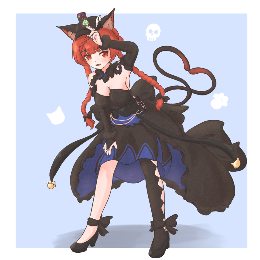 1girl, alternate_costume, animal_ears, asymmetrical_legwear, black_dress, black_hat, blue_background, braid