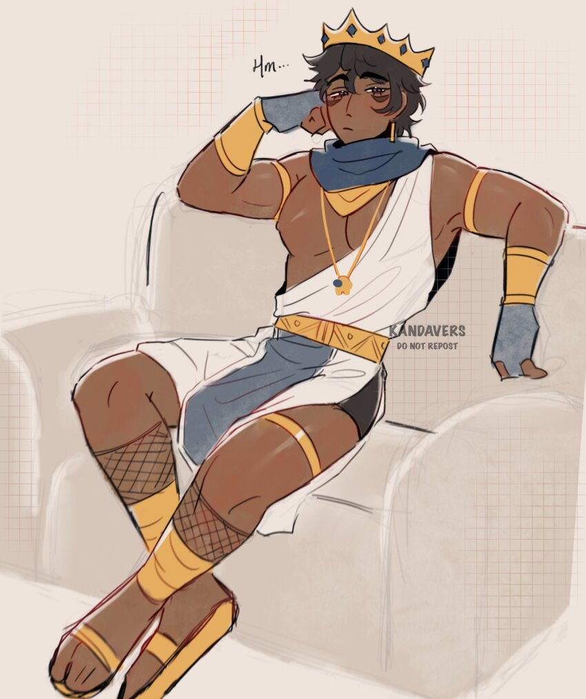 1boy, among_us, ancient_egyptian_clothes, bara, belt, blue_cape, bracelet, brown_eyes