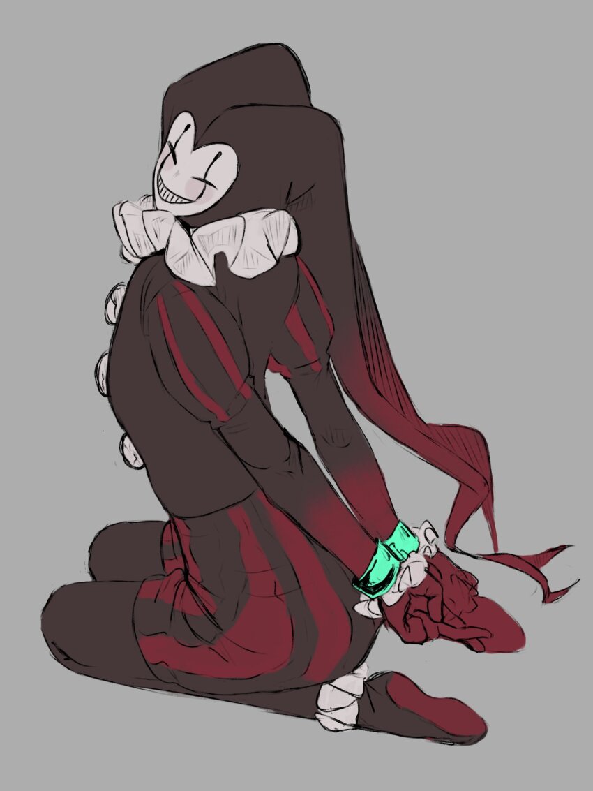 1boy, arms_behind_back, black_pantyhose, black_shirt, black_shoes, closed_eyes, clownpierce, commentary