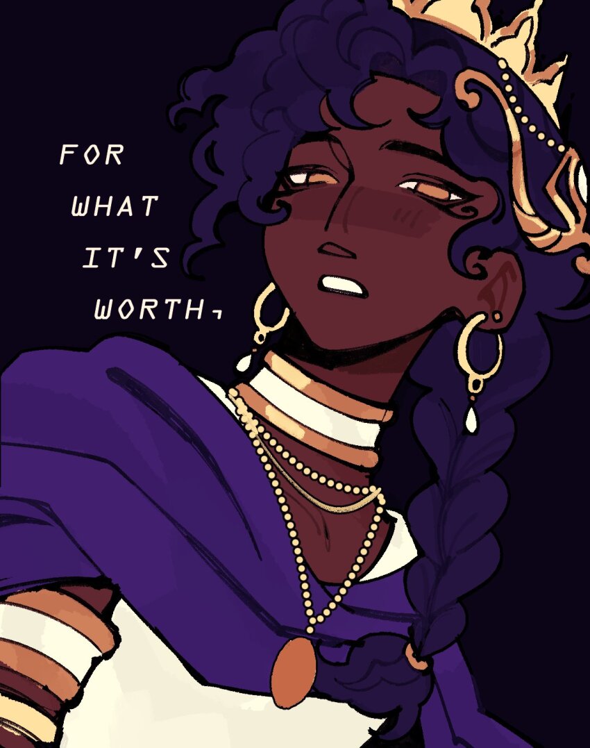 1boy, adapted_costume, ancient_egyptian_clothes, androgynous, bishounen, black_background, braid, cape, choker, commentary, crown, curly_hair, dark-skinned_male, dark_skin, earrings, english_text, eyeliner, hashtag-only_commentary, highres, jewelry, long_hair, looking_at_viewer, makeup, male_focus, mariorsomething, minecraft_youtube, necklace, parkour_civilization, purple_cape, purple_hair, seawattgaming, shirt, simple_background, single_braid, solo, trap, upper_body, very_dark_skin, very_long_hair, white_choker, white_shirt, yellow_eyes