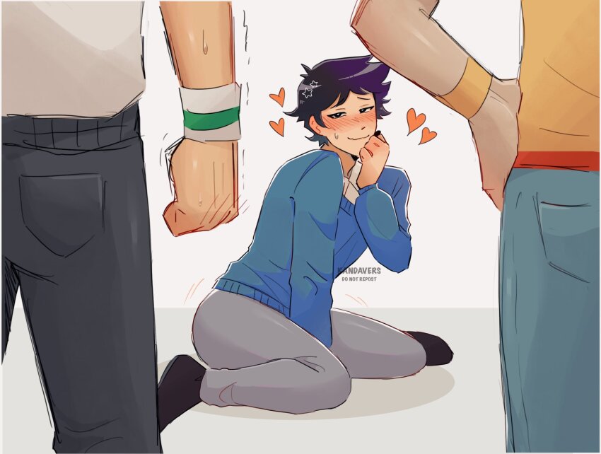 3boys, black_eyes, black_hair, blue_sweater, blush, commentary, denim, english_commentary, grey_pants, hand_on_own_hip, heart, highres, implied_yaoi, jeans, jitome, kandavers, long_sleeves, looking_at_another, male_focus, multiple_boys, pants, scott_pilgrim, scott_pilgrim_(series), scott_pilgrim_takes_off, short_hair, simple_background, sitting, solo_focus, sweater, todd_ingram, wallace_wells, wariza, watermark, white_background, wristband
