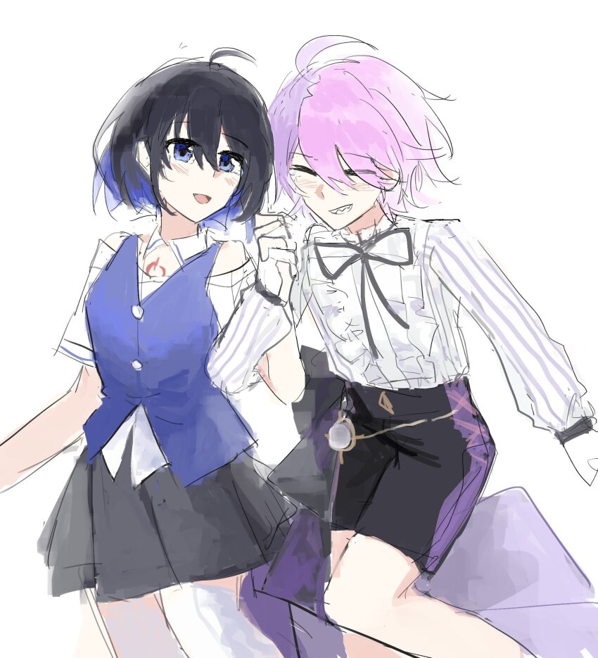 2girls, at_tart, honkai_gakuen, black_shorts, black_skirt, blue_eyes, blue_hair, blue_vest