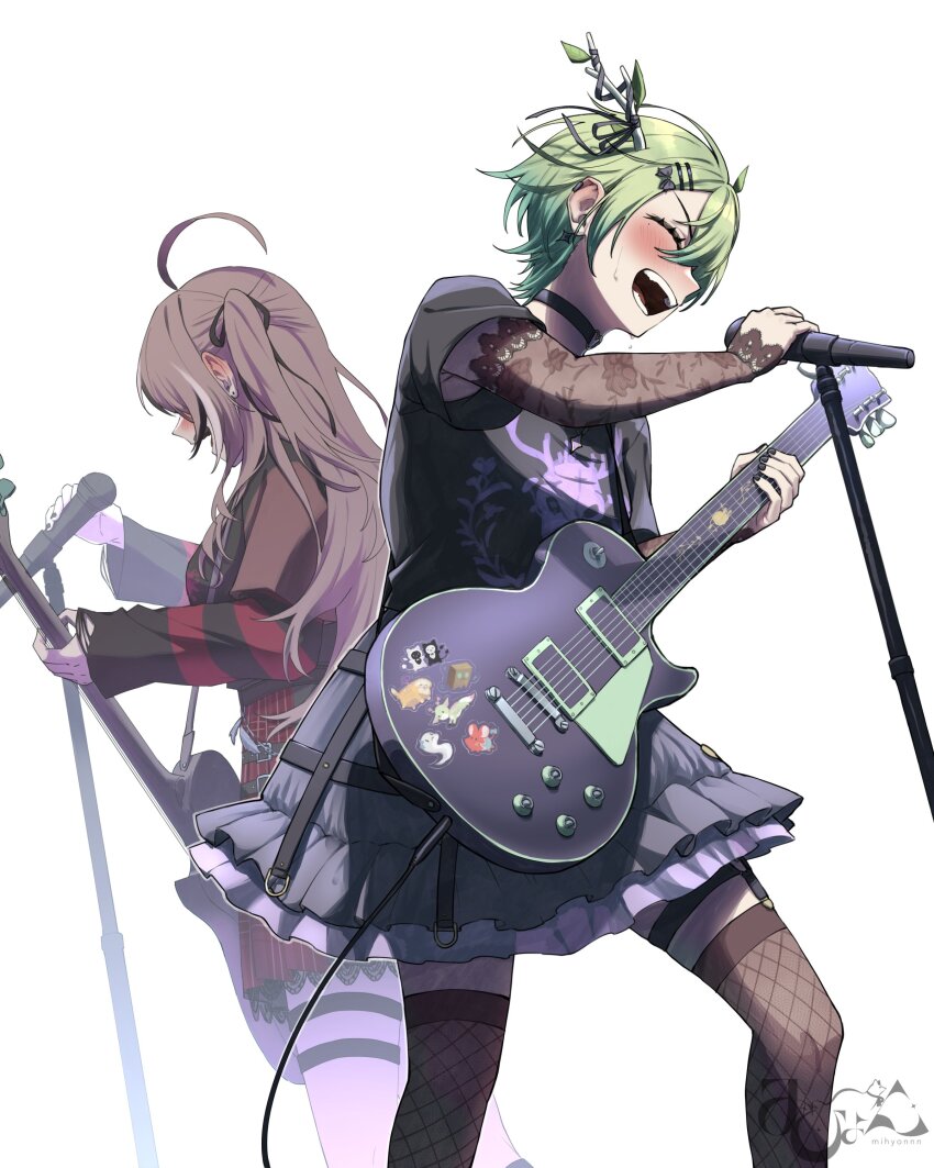 2girls, absurdres, ahoge, artist_logo, black_nails, black_shirt, brown_hair, ceres_fauna