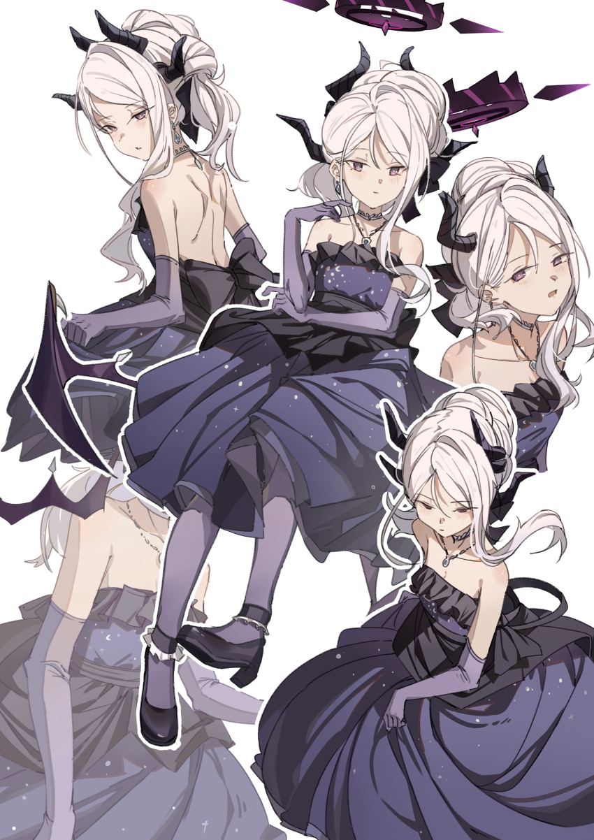 1girl, absurdres, backless_dress, backless_outfit, black_horns, blue_archive, commentary_request, dress