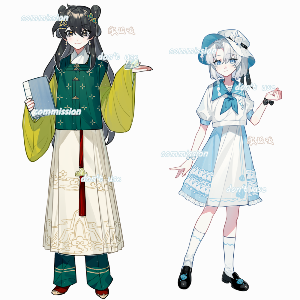 2girls, a-junk, aoqun, banbi, black_footwear, black_hair, blue_eyes, bob_cut