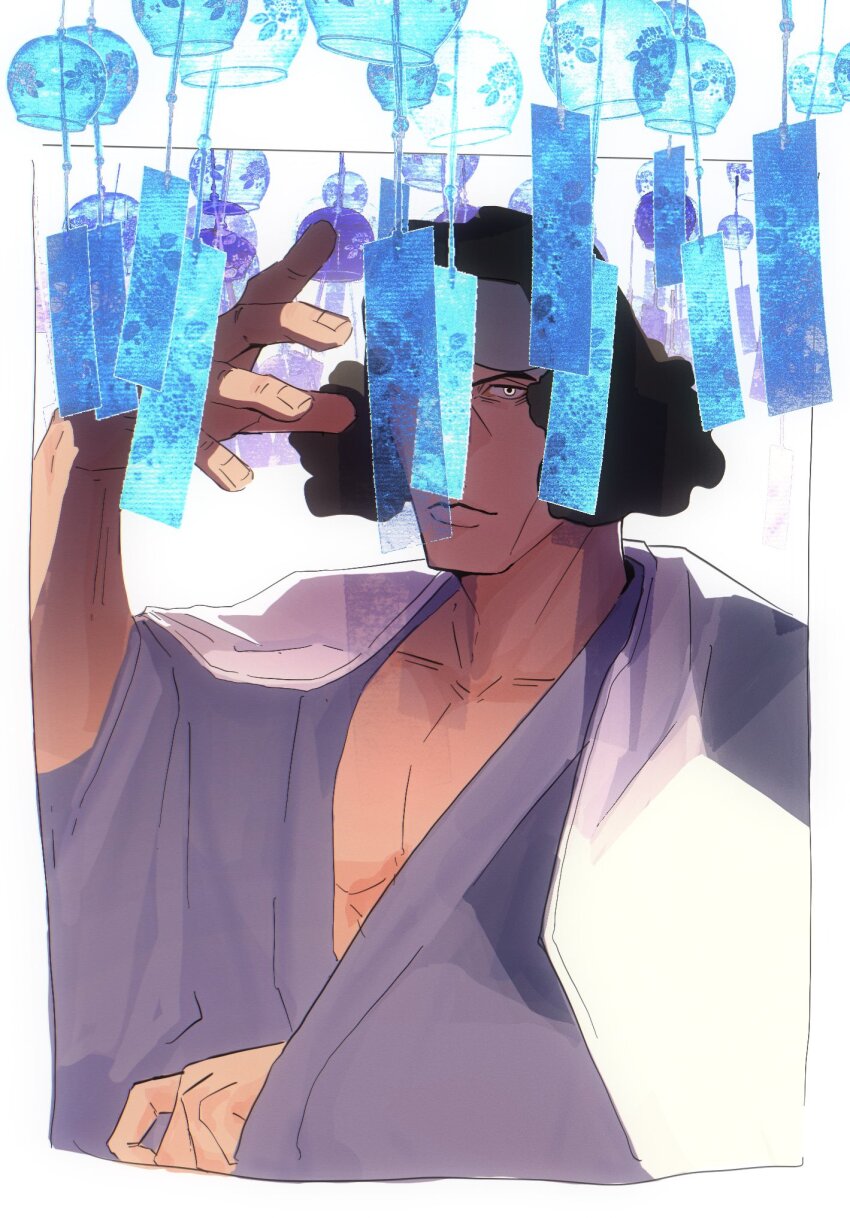 1boy, a_ddove, aokiji_(one_piece), black_hair, closed_mouth, curly_hair, haori, highres, japanese_clothes, kimono, looking_at_viewer, male_focus, one_piece, short_hair, solo, unworn_blindfold, upper_body, wind_chime