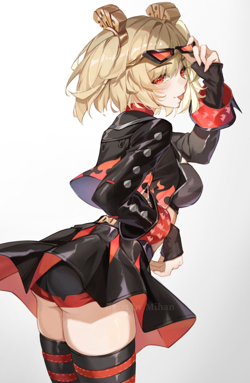 1girl, :p, adjusting_eyewear, black_jacket, black_panties, black_skirt, black_thighhighs, blonde_hair, breasts, burnice_white, commentary, eyewear_on_head, from_behind, hair_ornament, highres, jacket, large_breasts, looking_at_viewer, mihan_(mihan_art), orange-tinted_eyewear, orange_eyes, panties, short_hair, simple_background, skirt, solo, sunglasses, thighhighs, thighs, tinted_eyewear, tongue, tongue_out, underwear, white_background, zenless_zone_zero