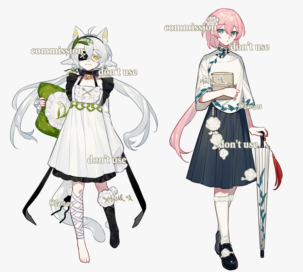 2girls, a-junk, bandaged_leg, bandages, chinese_clothes, dress, flower, full_body, holding, holding_umbrella, kneehighs, kuomintang, lily_of_the_valley, loafers, multiple_girls, original, pankou, parasol, pleated_skirt, school_uniform, shirt, shoes, skirt, socks, umbrella, white_background, white_dress, white_shirt, yaopei