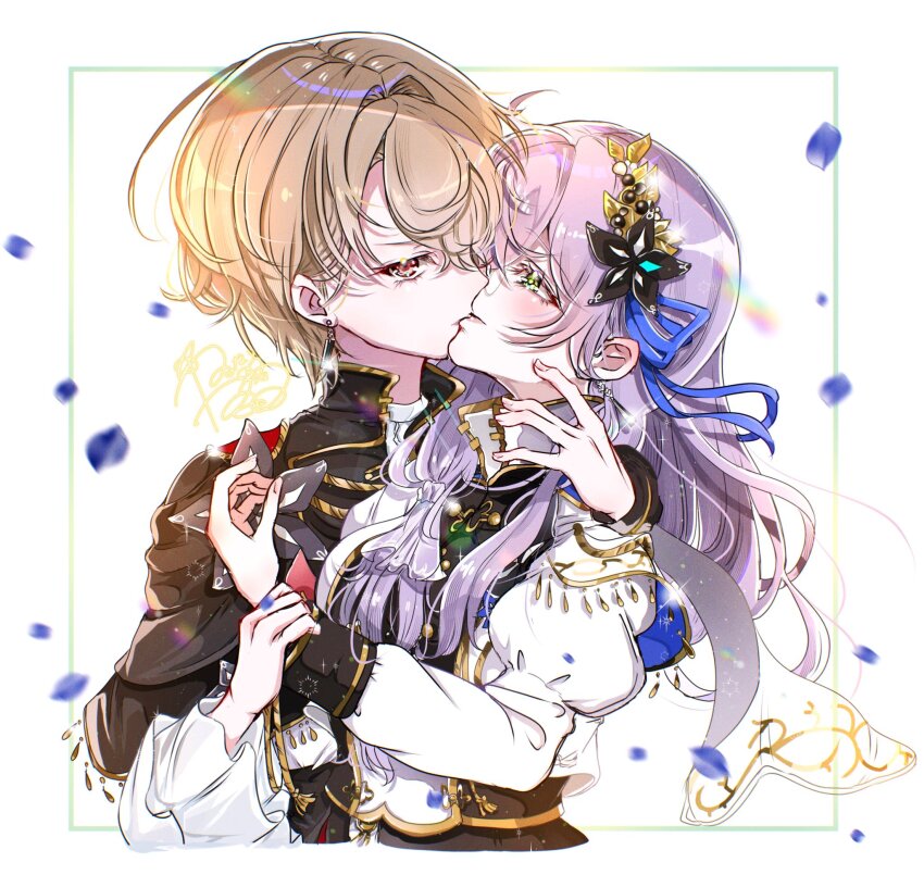 2girls, arm_around_neck, blonde_hair, cropped_jacket, glasses, goslingwallows, grabbing_another's_hand, green_eyes, hair_over_one_eye, hair_over_shoulder, heaven_burns_red, highres, izumi_yuki, izumi_yuki_(princess_by_your_side), jacket, kayamori_ruka, kayamori_ruka_(the_feel_of_the_throne), kiss, long_hair, looking_at_viewer, multiple_girls, red_eyes, round_eyewear, short_hair, white_jacket, yuri