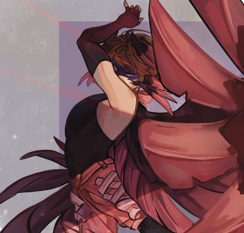 1boy, adapted_costume, alternate_universe, androgynous, arm_up, bird_boy, bird_wings, bishounen