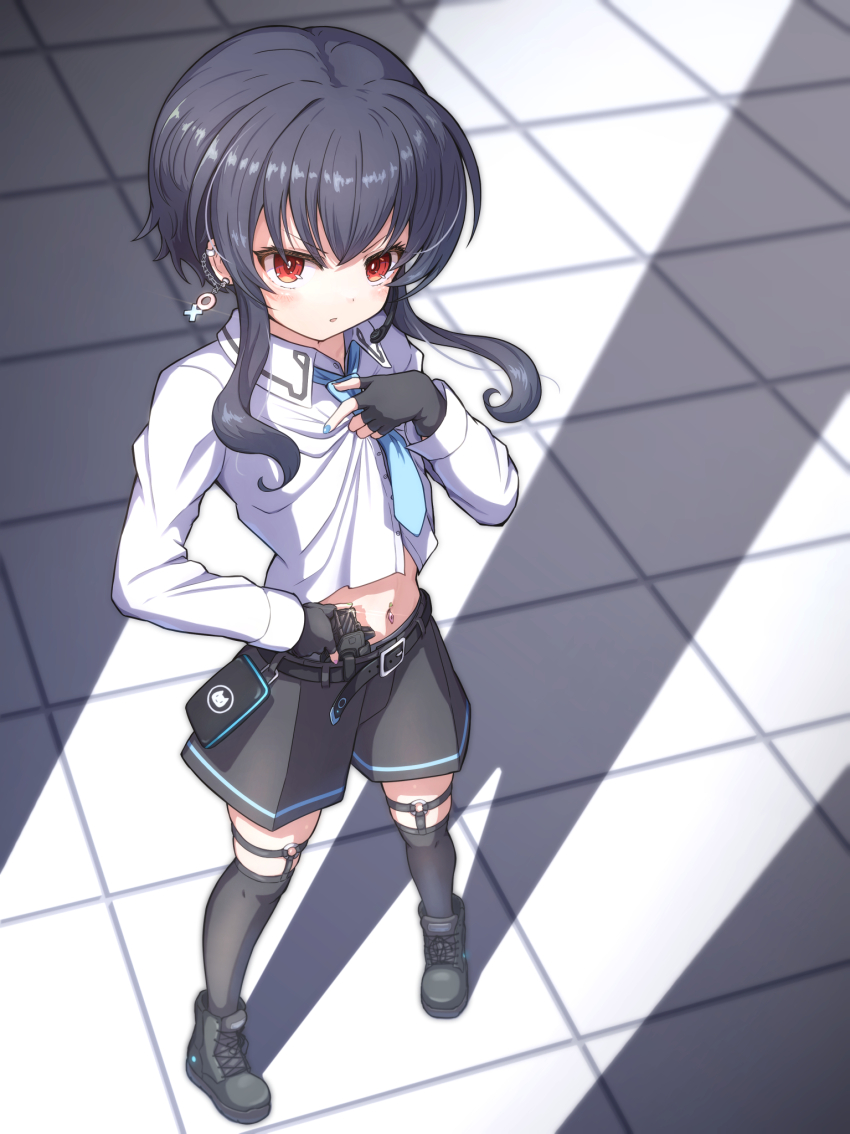 1girl, adjusting_shirt, alternate_costume, alternate_hairstyle, belt, black_belt, black_footwear, black_gloves