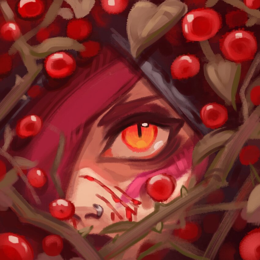 1girl, blood, cherry, eye_focus, food, fruit, highres, hood