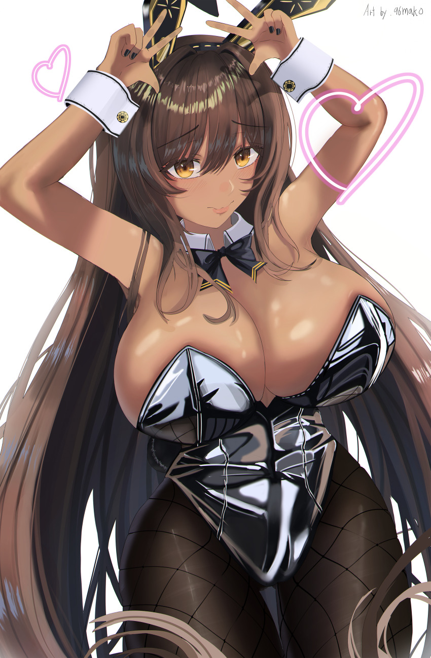 96mako, absurdres, animal_ears, black_bow, black_bowtie, black_leotard, black_nails, black_pantyhose, bow, bowtie, breasts, brown_hair, cleavage, dark-skinned_female, dark_skin, detached_collar, eyebrows_hidden_by_hair, fake_animal_ears, fake_tail, goddess_of_victory:_nikke, heart, highres, large_breasts, leotard, long_hair, noir_(nikke), pantyhose, playboy_bunny, rabbit_ears, rabbit_pose, rabbit_tail, smile, strapless, strapless_leotard, tail, very_long_hair, wrist_cuffs, yellow_eyes
