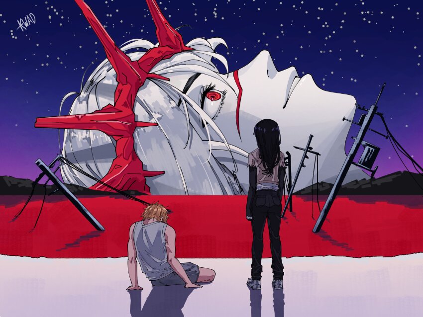 1boy, 2girls, absurdres, black_hair, black_pants, blonde_hair, blood, chainsaw_man