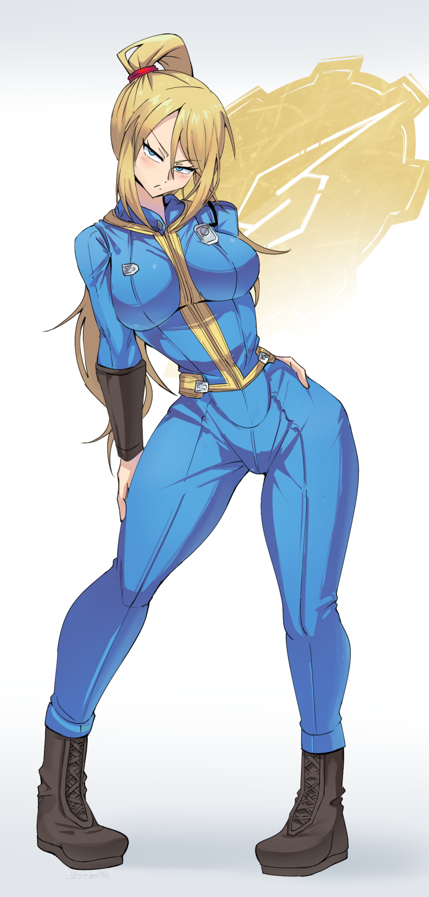1girl, absurdres, alternate_costume, blonde_hair, blue_bodysuit, blue_eyes, bodysuit, breasts, brown_footwear, closed_mouth, commentary_request, cosplay, fallout, full_body, highres, large_breasts, long_hair, long_sleeves, looking_at_viewer, metroid, mole, mole_under_mouth, nintendo, ponytail, samus_aran, shimure_(460), solo, standing, vault_boy, vault_boy_(cosplay)