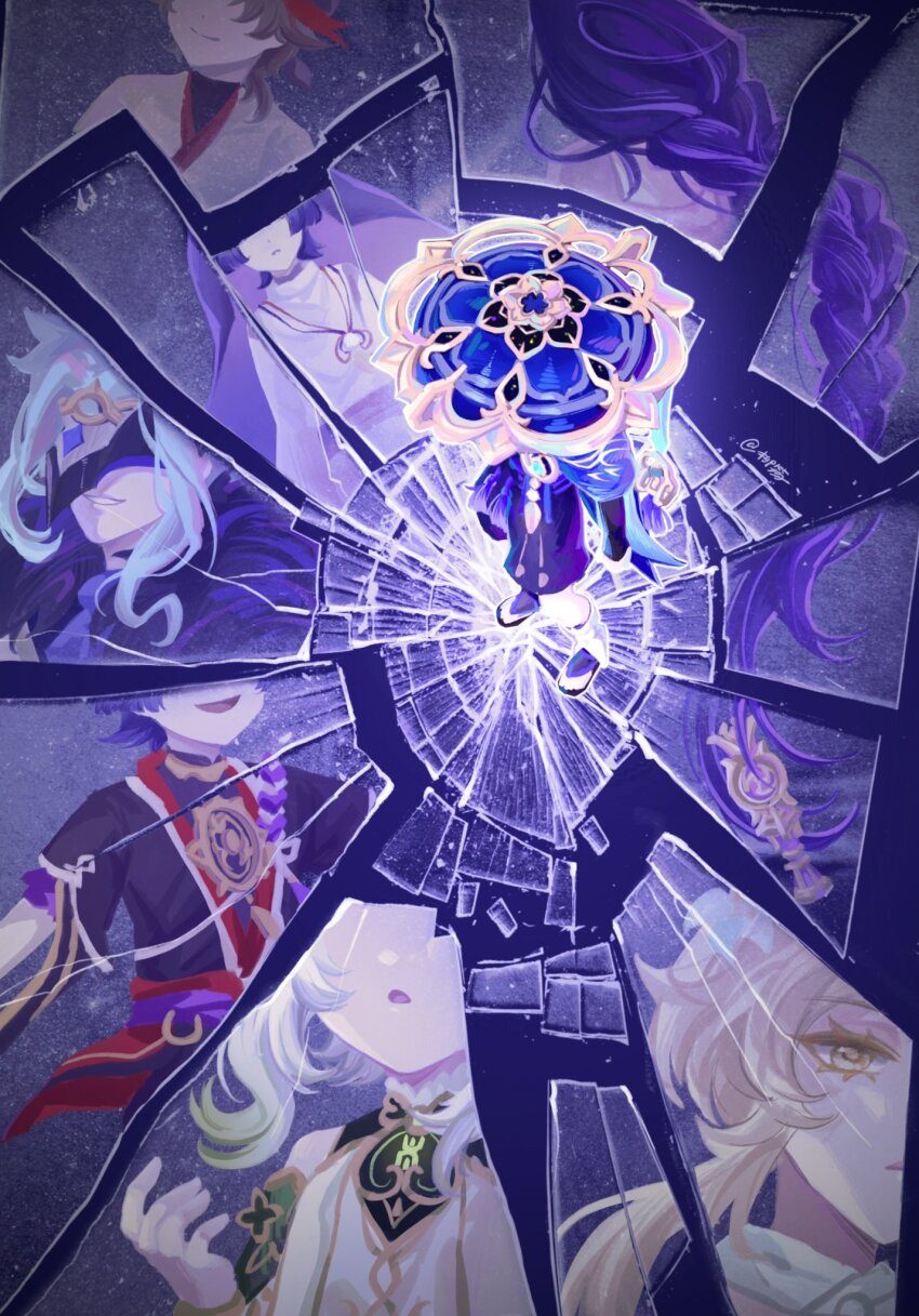 3girls, 5boys, aqua_hair, armor, arms_at_sides, bare_shoulders, black_bodysuit, black_footwear