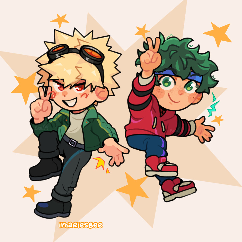 2boys, absurdres, artist_name, bakugou_katsuki, belt, blonde_hair, blue_headband, boku_no_hero_academia