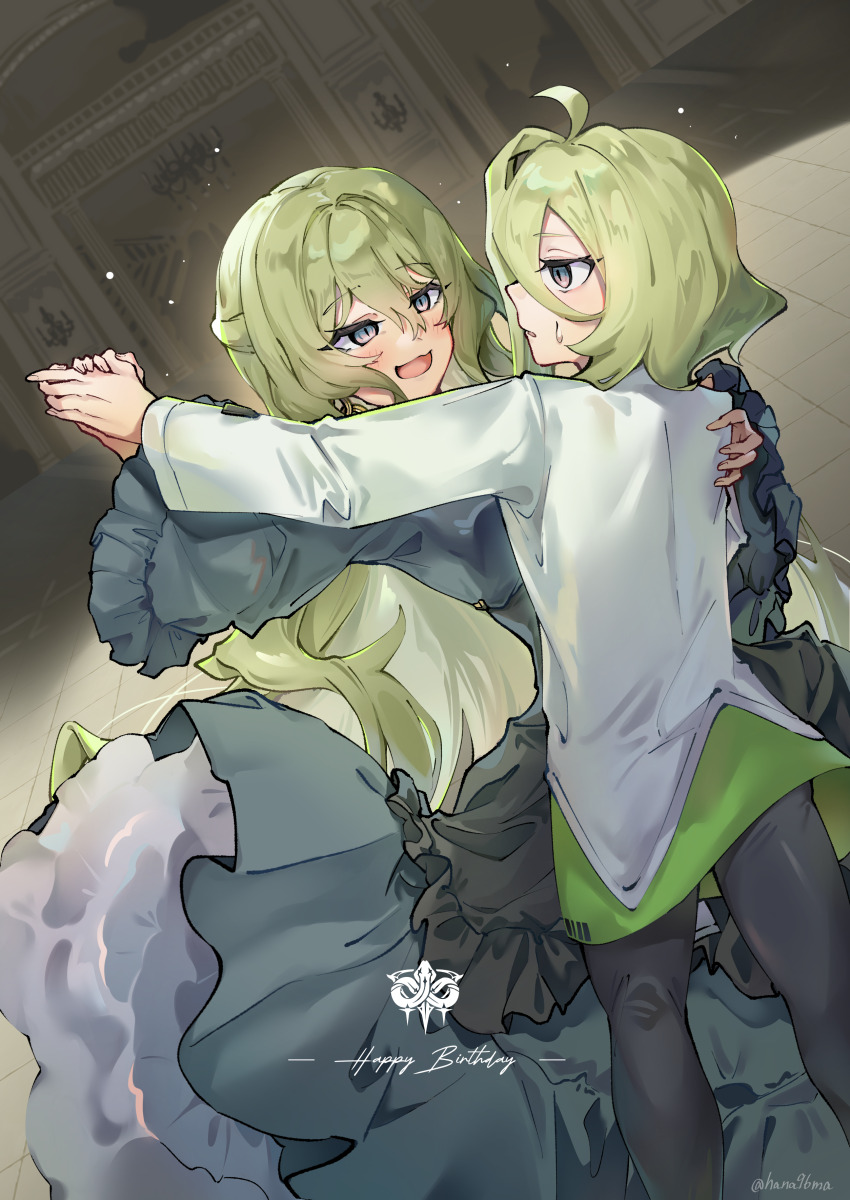 2girls, absurdres, black_pants, blush, commentary_request, dancing, dress, gown, green_hair, grey_dress, hanaguruma_(hana96ma), hand_on_another's_back, happy_birthday, highres, holding_hands, honkai_(series), honkai_impact_3rd, jacket, klein_(honkai_impact), long_hair, medium_hair, mobius_(honkai_impact), multiple_girls, open_mouth, pants, signet_of_infinity, sweatdrop, twitter_username, white_jacket