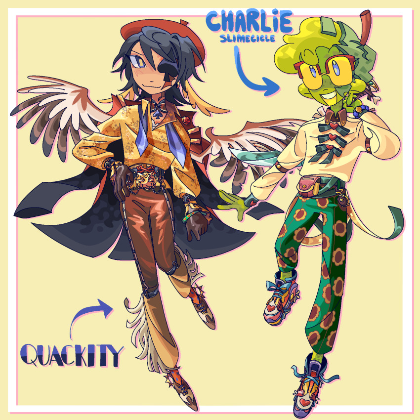 2boys, alienssstufff, alternate_costume, arrow_(symbol), beret, bird_boy, bird_wings, blue_eyes