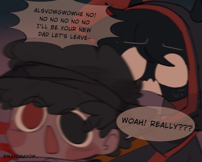 2boys, badboyhalo, black_hair, black_headband, black_hoodie, black_jacket, black_skin, colored_skin, commentary, dark-skinned_male, dark_skin, deformed, demon_boy, demon_horns, dream_smp, english_commentary, english_text, erynstreams, fang, fangs, halo, headband, heterochromia, hood, hood_up, hoodie, horns, jacket, male_focus, mayu_(mayomayow), minecraft_youtube, monster_boy, motion_blur, multiple_boys, neckerchief, open_mouth, short_hair, shoulder_belt, skin_fangs, speech_bubble, white_eyes