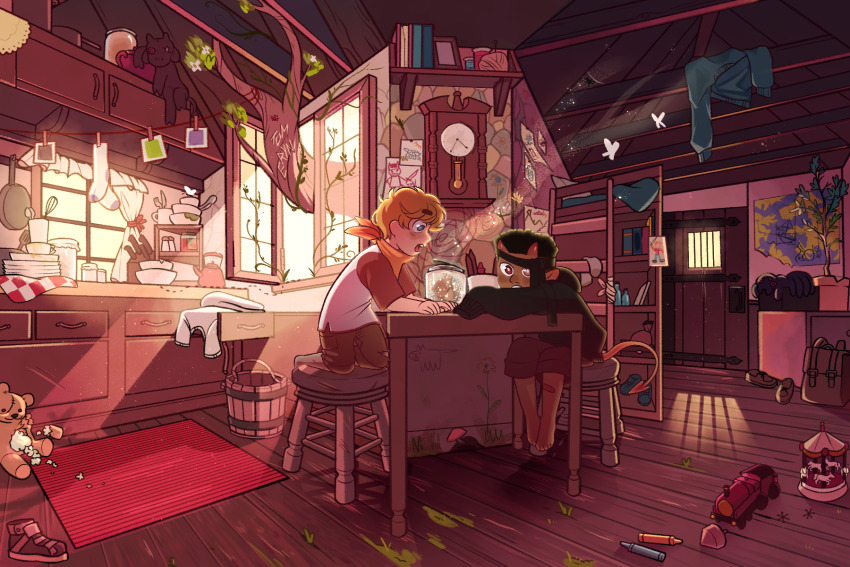 2boys, absurdly_detailed_composition, aged_down, black_hair, blonde_hair, bookshelf, bucket, bug