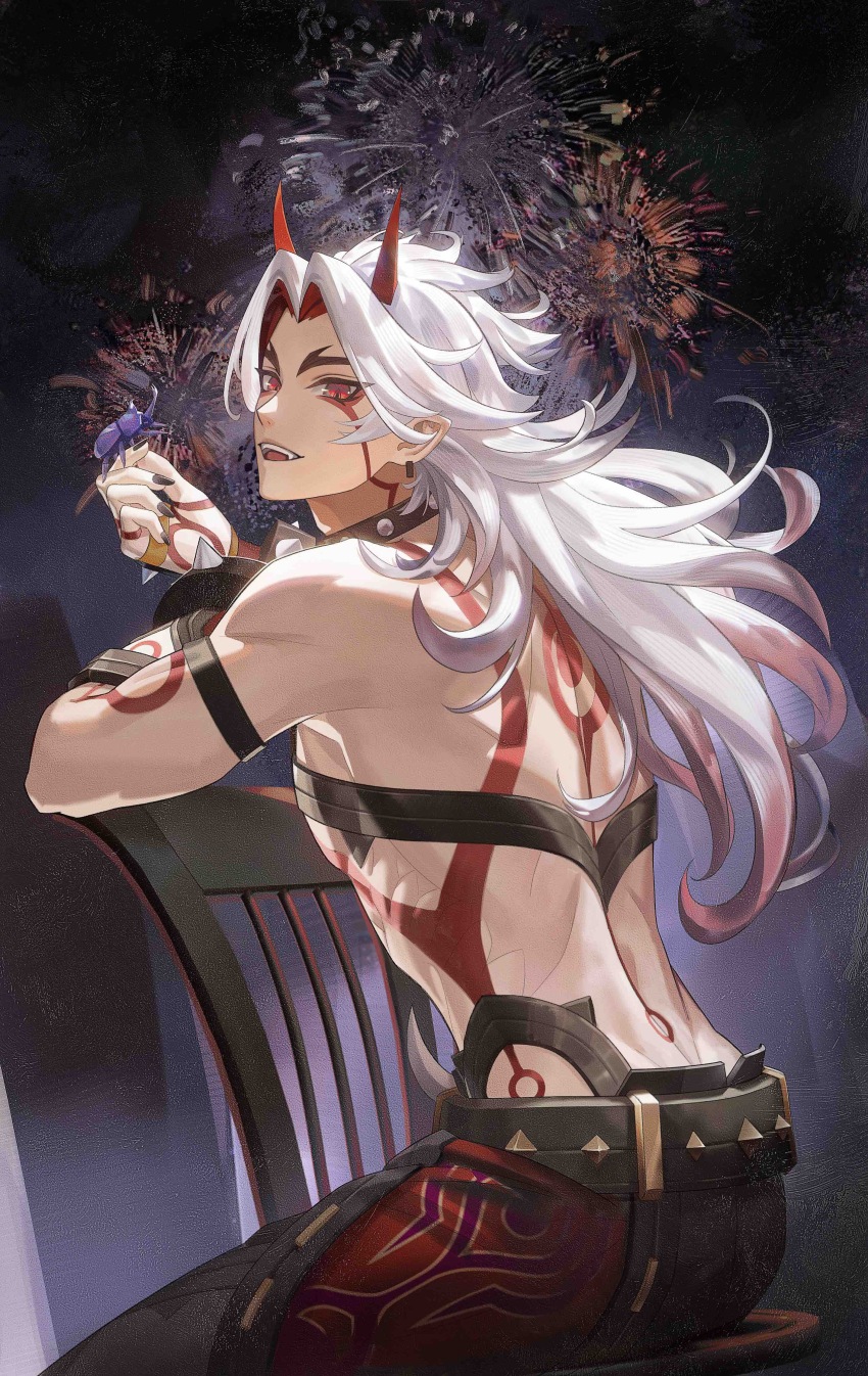 1boy, absurdres, aerial_fireworks, arataki_itto, arm_strap, ass, back, bare_shoulders