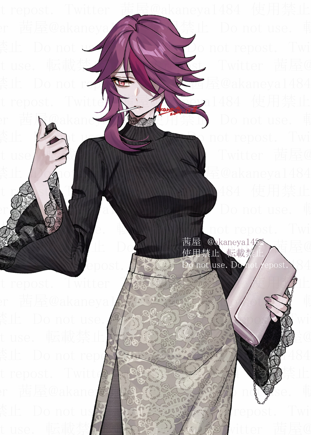 1girl, akaneya_(akaneya1484), artist_name, bag, black_sweater, breasts, cigarette, commentary_request, cowboy_shot, dated, eyelashes, fingernails, floral_print, genshin_impact, grey_skirt, hair_over_one_eye, hand_up, handbag, highres, holding, holding_bag, holding_lighter, lace-trimmed_sleeves, lace-trimmed_sweater, lace_trim, lighter, medium_breasts, mouth_hold, multicolored_hair, nail_polish, one_eye_covered, parted_bangs, parted_lips, print_skirt, purple_bag, purple_eyes, purple_hair, purple_nails, red_hair, ribbed_sweater, rosaria_(genshin_impact), short_hair, side_slit, sidelocks, signature, simple_background, skirt, solo, standing, streaked_hair, sweater, swept_bangs, twitter_username, watermark, white_background