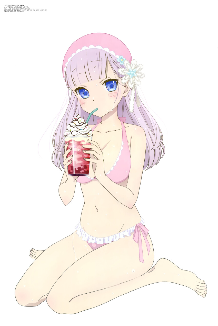 1girl, abe_ayumi, absurdres, bare_arms, bare_legs, barefoot, bikini, blue_eyes, blunt_bangs, blush, breasts, cleavage, collarbone, drinking_straw, frilled_bikini, frills, full_body, grey_hair, groin, halterneck, hat, highres, holding, katsute_mahou_shoujo_to_aku_wa_tekitai_shiteita, long_hair, looking_at_viewer, medium_breasts, megami_magazine, mimori_byakuya, pink_bikini, pink_hat, pink_ribbon, ribbon, side-tie_bikini_bottom, simple_background, solo, swimsuit, white_background