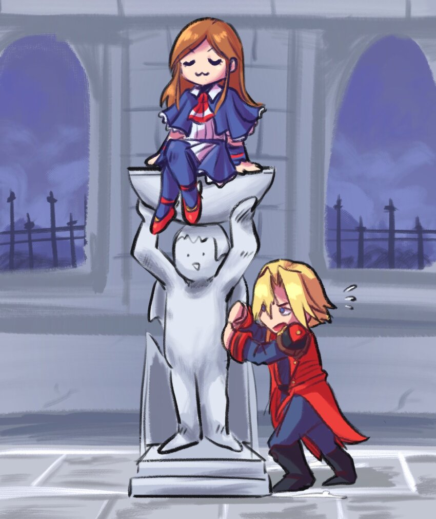 1boy, 1girl, :3, black_footwear, blonde_hair, blue_capelet, blue_eyes, blue_pantyhose