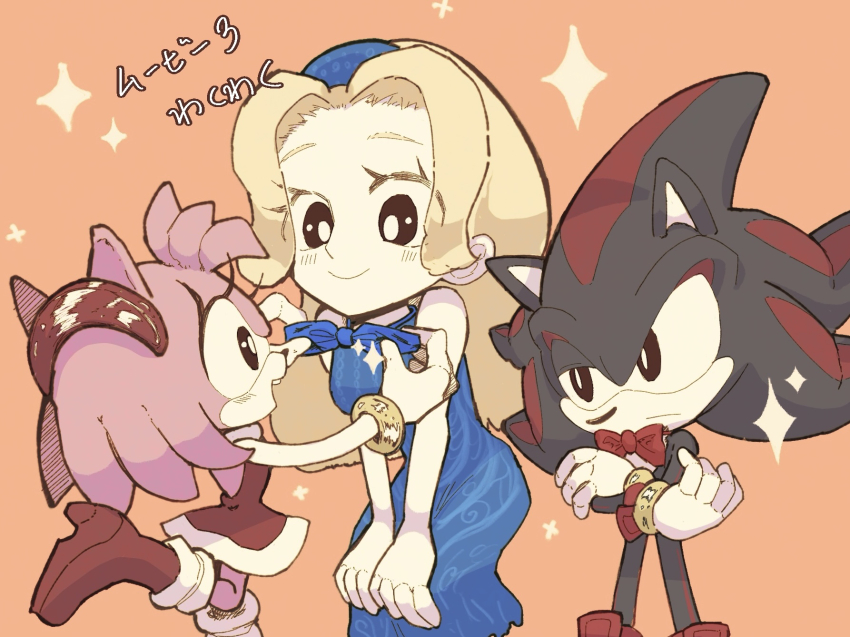 1boy, 2girls, amy_rose, bare_arms, blonde_hair, blue_dress, bow, bowtie, crossed_arms, dress, furry, furry_female, gloves, gomadango0033, highres, maria_robotnik, multiple_girls, orange_background, red_bow, red_bowtie, red_dress, red_footwear, shadow_the_hedgehog, smile, sonic_(series), sparkle, white_gloves