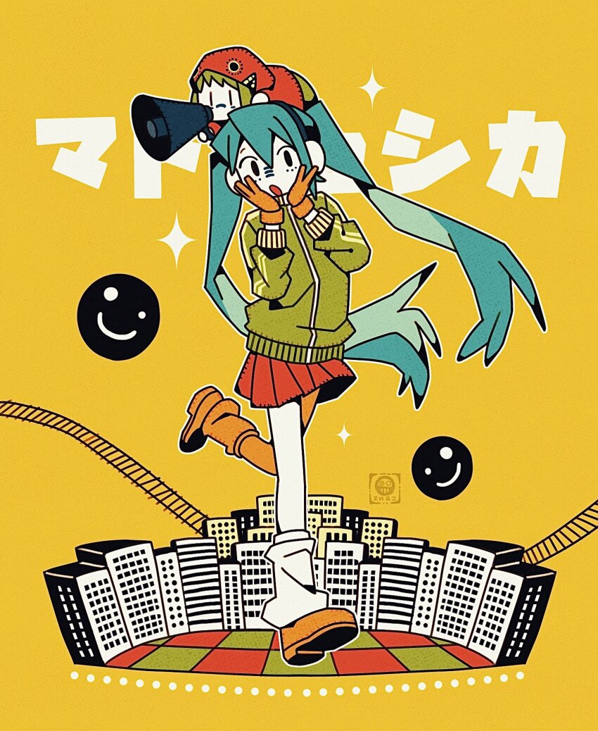 2girls, :o, alternate_costume, artist_logo, black_eyes, blue_hair, checkered_floor, chibi