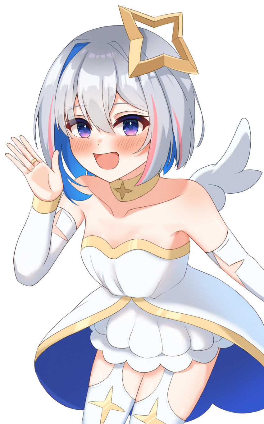 1girl, akagawashake, alternate_costume, amane_kanata, blue_hair, blush, dress, grey_hair